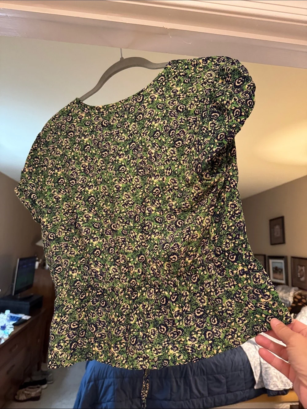 Free People Green and Navy Floral Crop Blouse